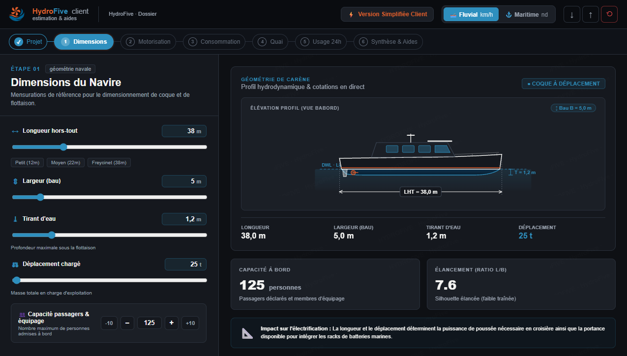 Interface du configurateur de rétrofit naval gratuit en ligne by HydroFive : dimensions du navire et profil de coque
